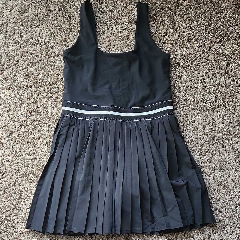 Black Pleated Dress with White Stripes